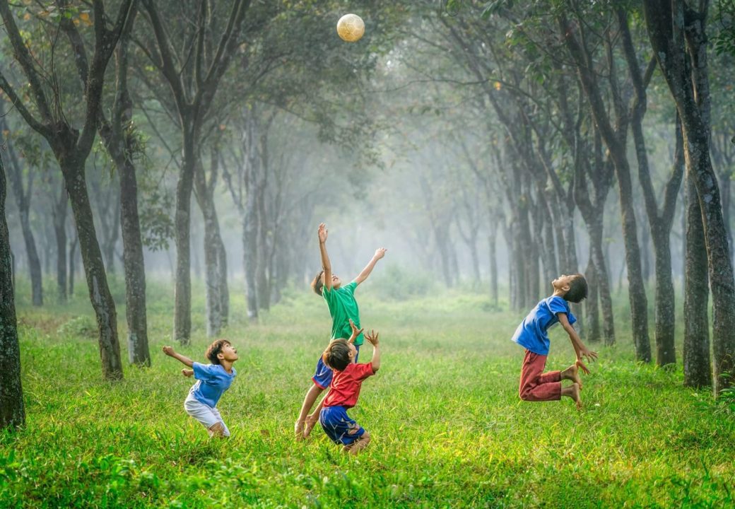 Boys playing with a ball in a grassy field