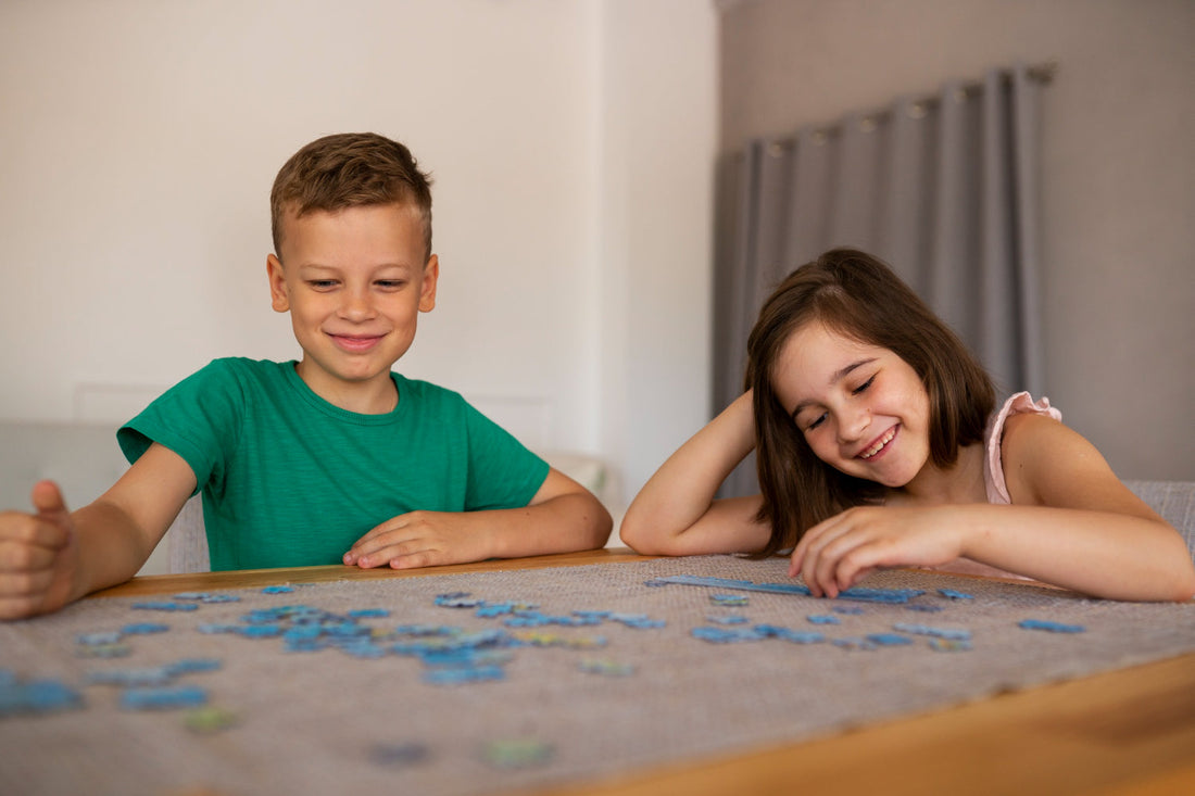 Kids doing an emotional town puzzle together