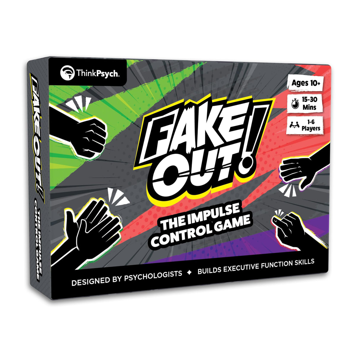 Fake Out! The Impulse Control Game box by ThinkPsych, for ages 10 and up and 1 to 6 players