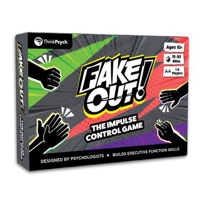 Fake Out! The Impulse Control Game box by ThinkPsych, for ages 10 and up and 1 to 6 players