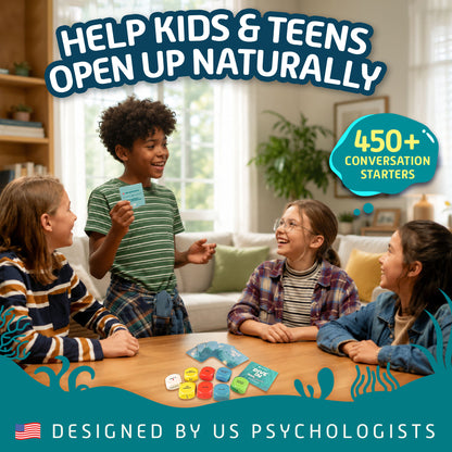 Kids laughing while playing the Dive In conversation game at a table, 450+ conversation starters designed by US psychologists