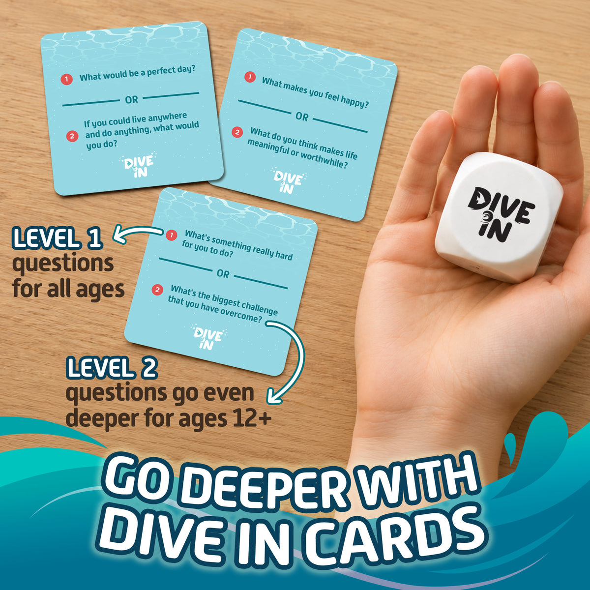 Dive In question cards with Level 1 questions for all ages and deeper Level 2 questions for ages 12+
