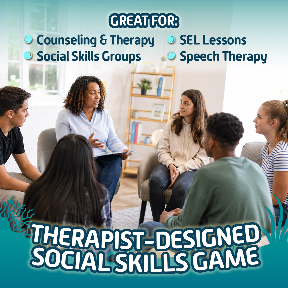 Therapist leading a teen group with Dive In, a social skills game for counseling, SEL lessons, and speech therapy
