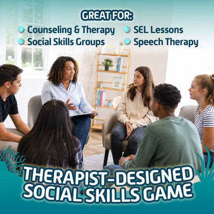 Therapist leading a teen group with Dive In, a social skills game for counseling, SEL lessons, and speech therapy