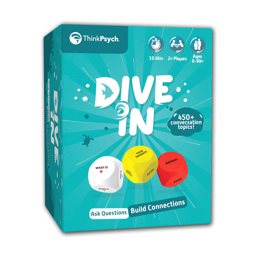 Dive In conversation dice game box by ThinkPsych with 450+ conversation topics, for ages 6 and up