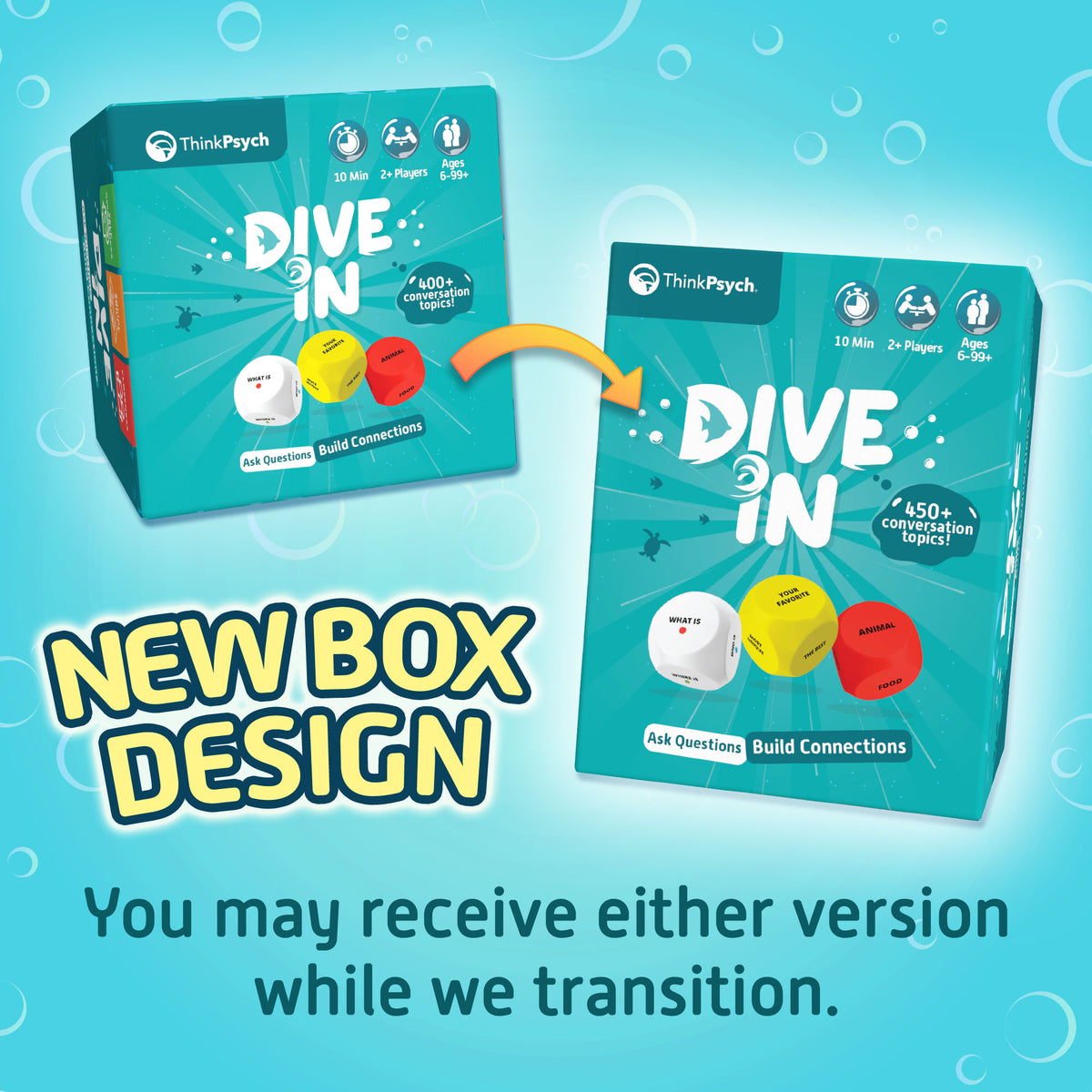 New Dive In box design with 450+ conversation topics shown next to the previous box