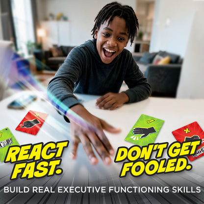 Boy slapping the table during Fake Out!, react fast and don't get fooled to build executive functioning skills