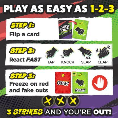 How to play Fake Out!: flip a card, react fast with tap, knock, slap, or clap, and freeze on red cards and fake outs