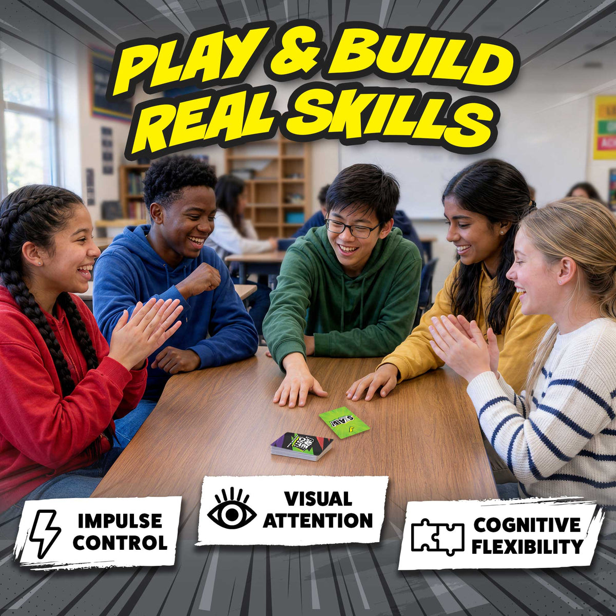 Students playing Fake Out! in a classroom to build impulse control, visual attention, and cognitive flexibility