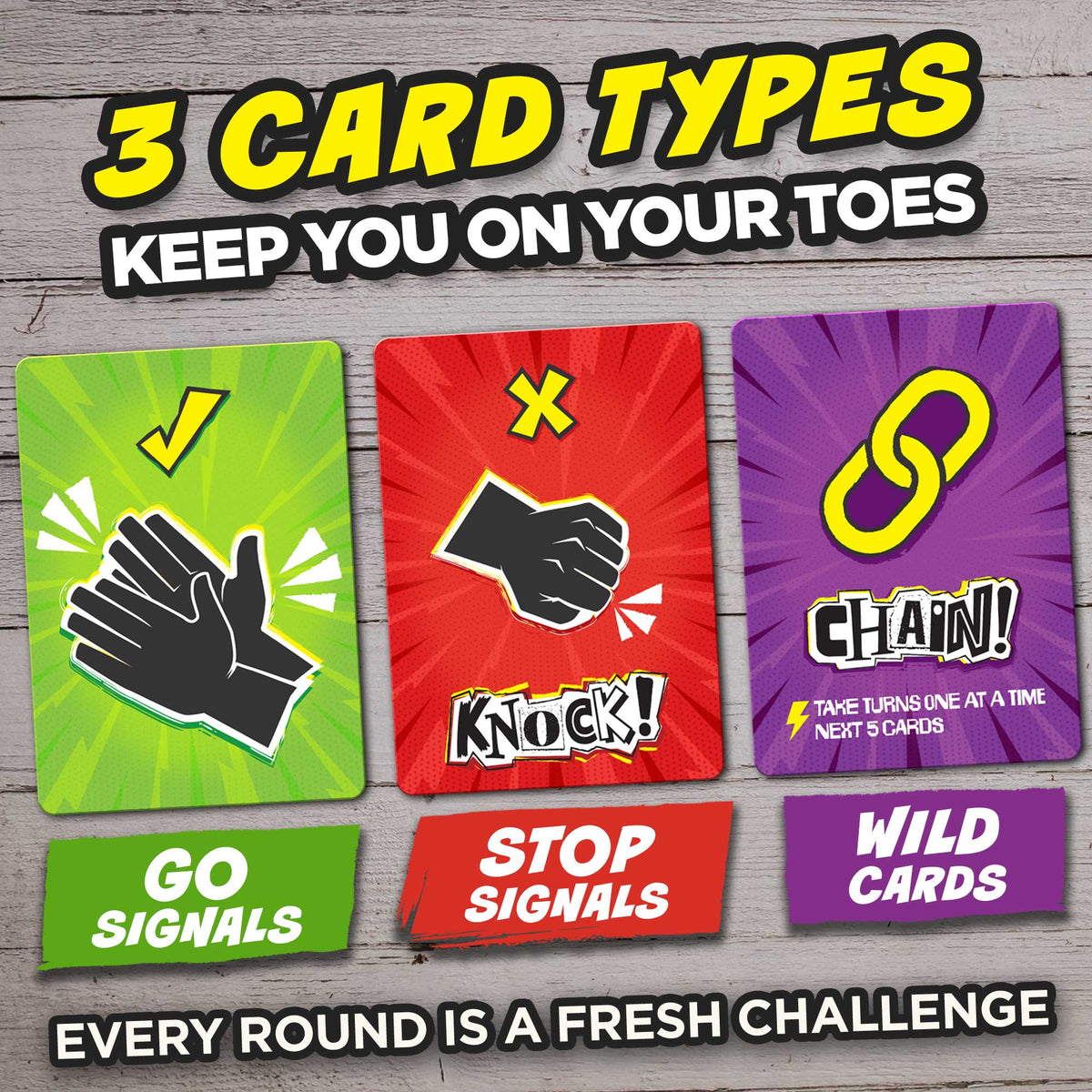 Fake Out! card types: green GO signals, red STOP signals, and purple wild cards
