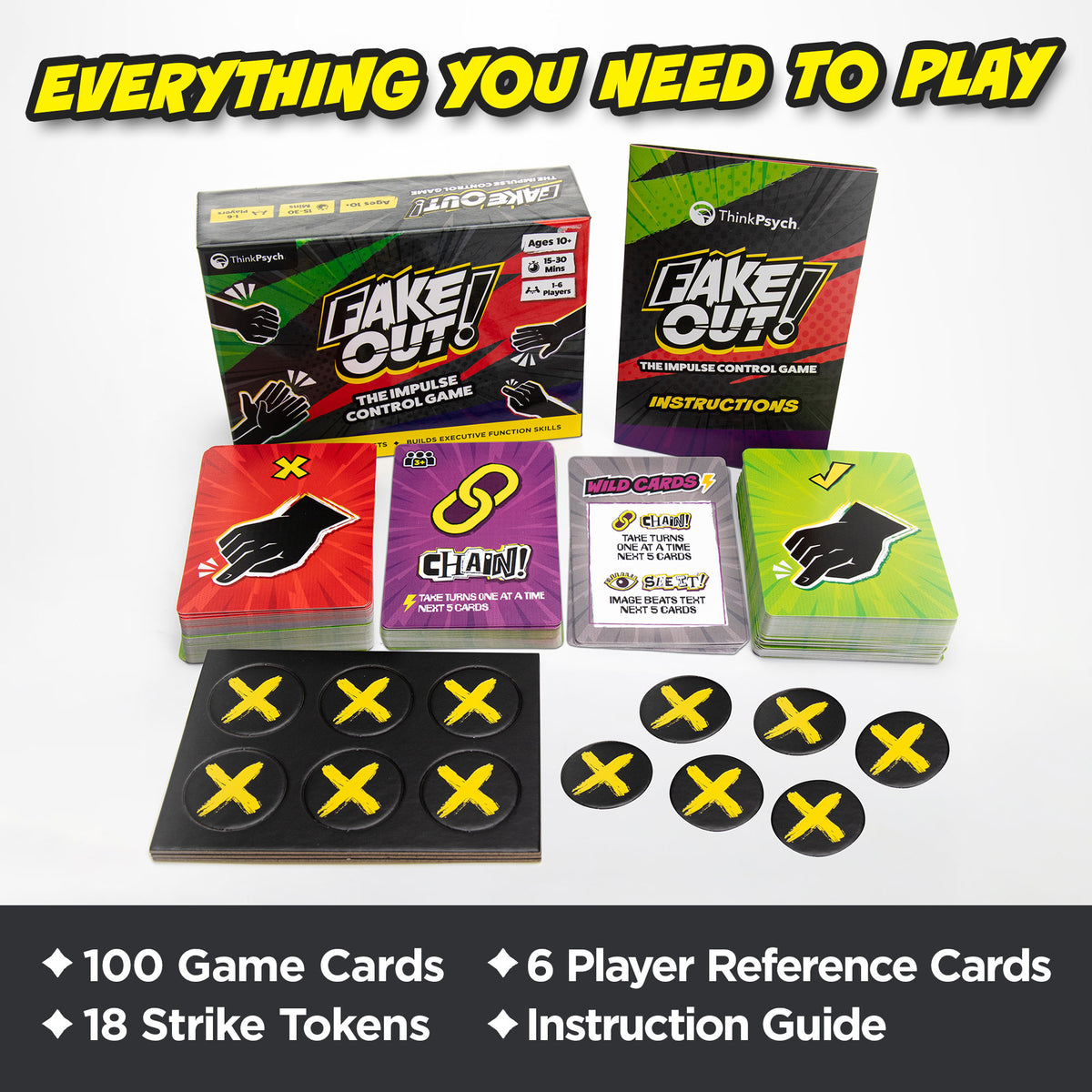 What's inside Fake Out!: 100 game cards, 18 strike tokens, 6 player reference cards, and an instruction guide