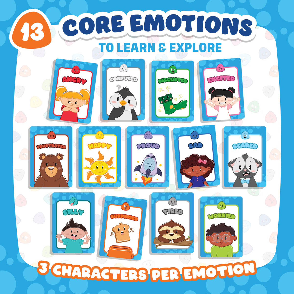 The 13 core emotions in Feelings Bingo