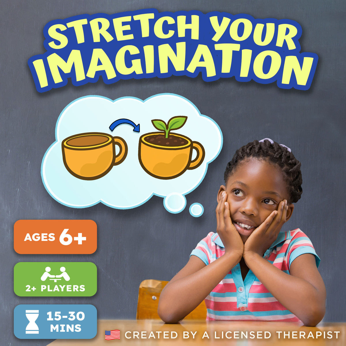 Girl imagining a cup turned into a plant pot, Rethink This! stretches kids' imagination, created by a licensed therapist