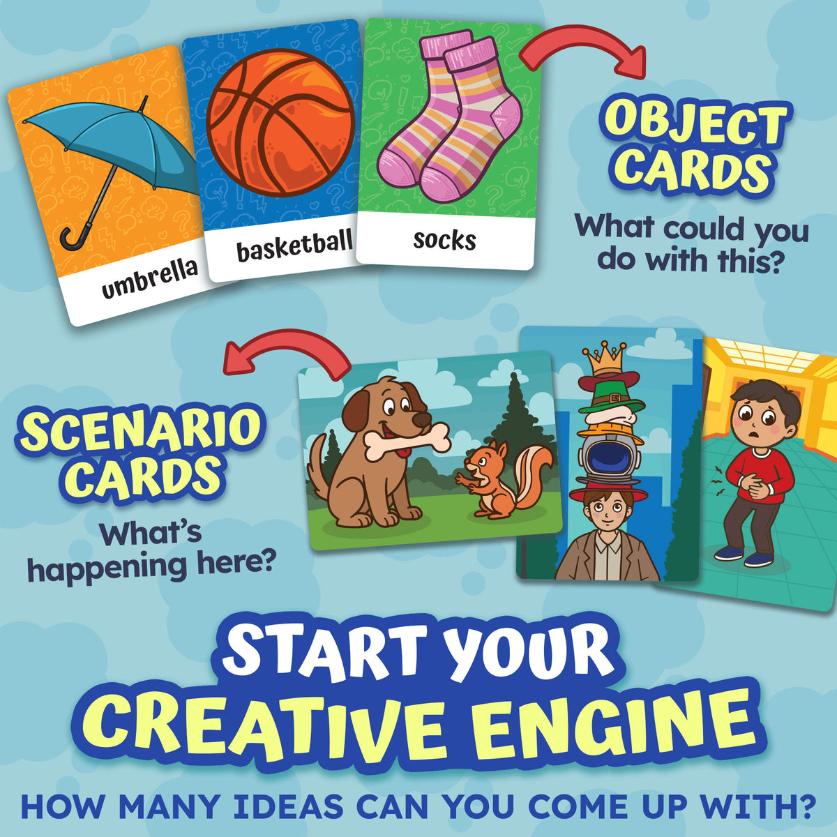 Rethink This! object cards ask what you could do with everyday items, and scenario cards ask what's happening