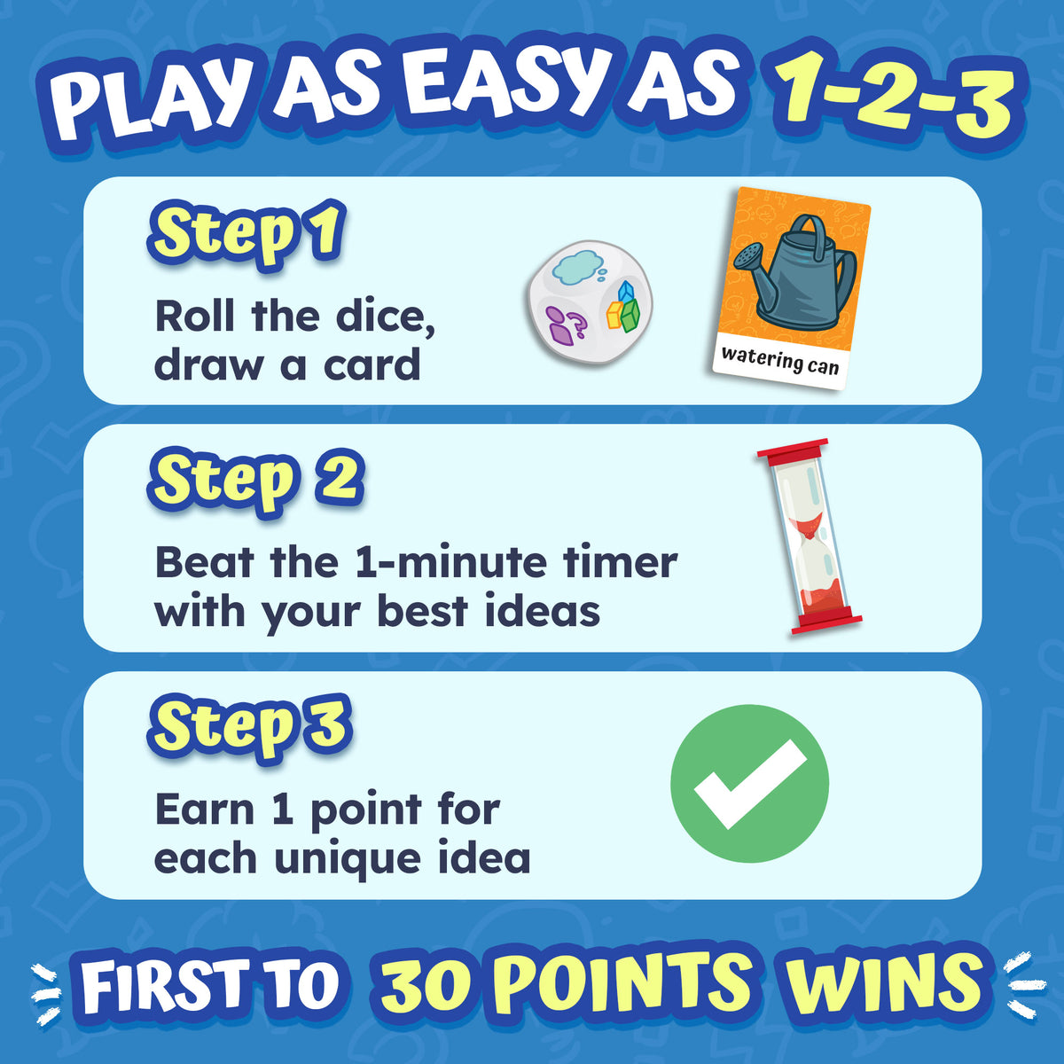 How to play Rethink This!: roll the dice and draw a card, beat the 1-minute timer, and earn a point for each unique idea