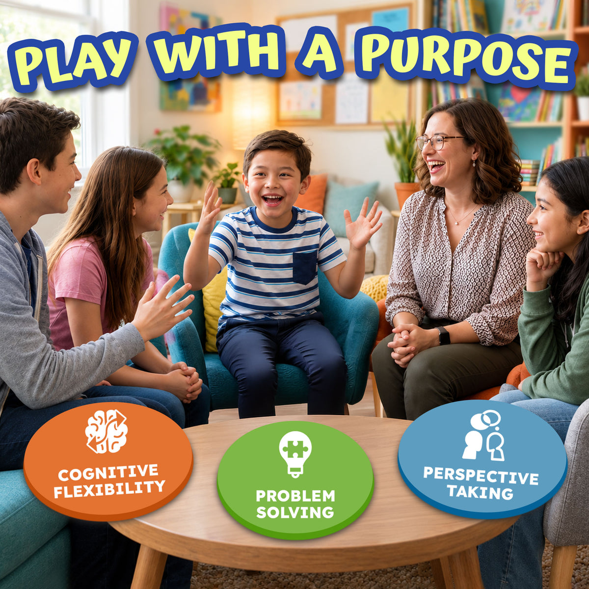Family playing Rethink This! to build cognitive flexibility, problem solving, and perspective taking