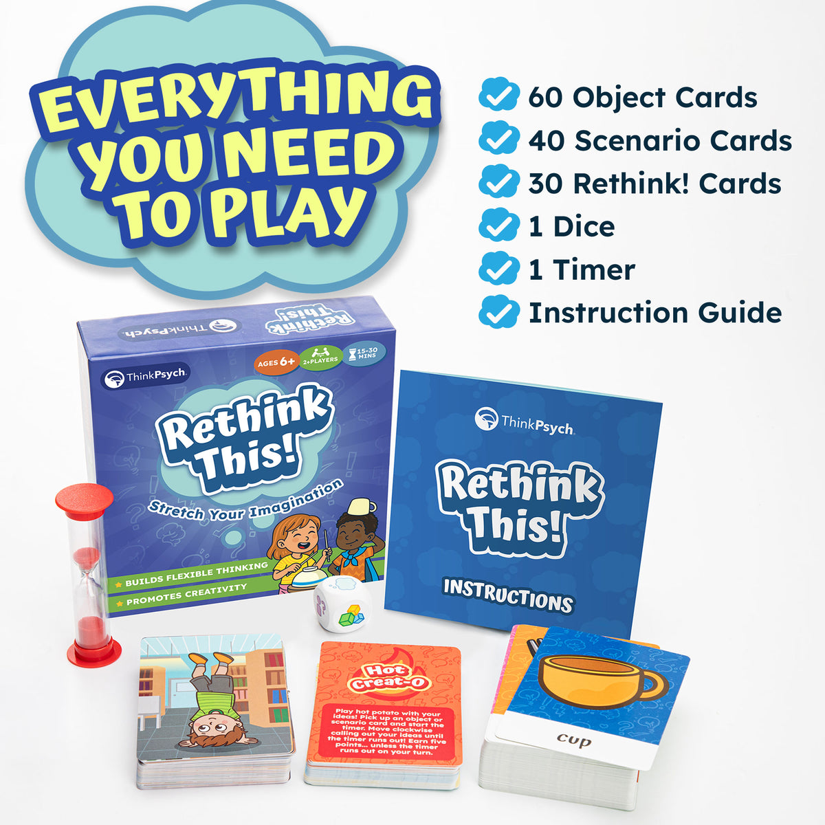 What's inside Rethink This!: 60 object cards, 40 scenario cards, 30 Rethink! cards, 1 dice, 1 timer, and an instruction guide