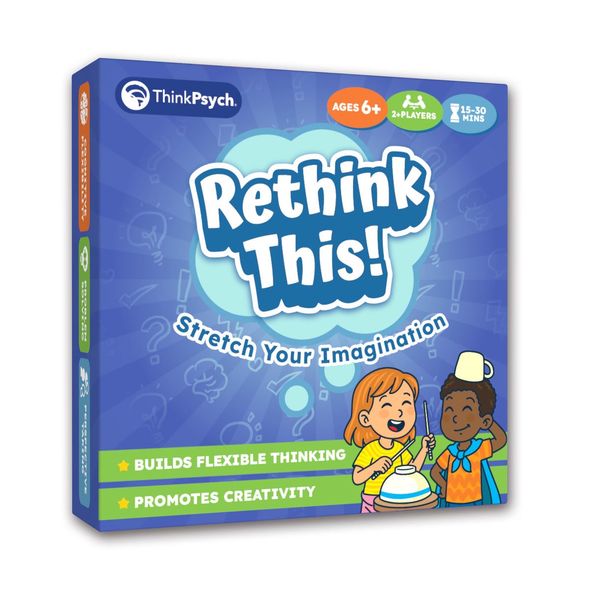 Rethink This! flexible thinking card game box by ThinkPsych, for ages 6 and up and 2 or more players
