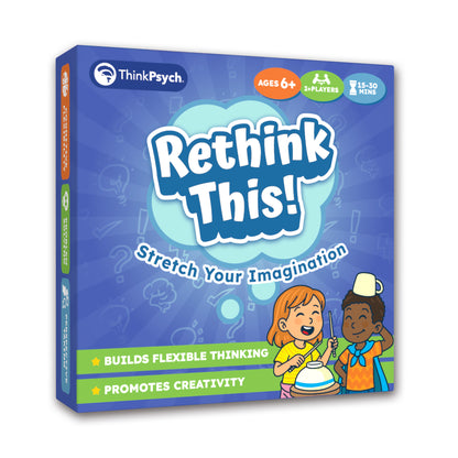 Rethink This! flexible thinking card game box by ThinkPsych, for ages 6 and up and 2 or more players
