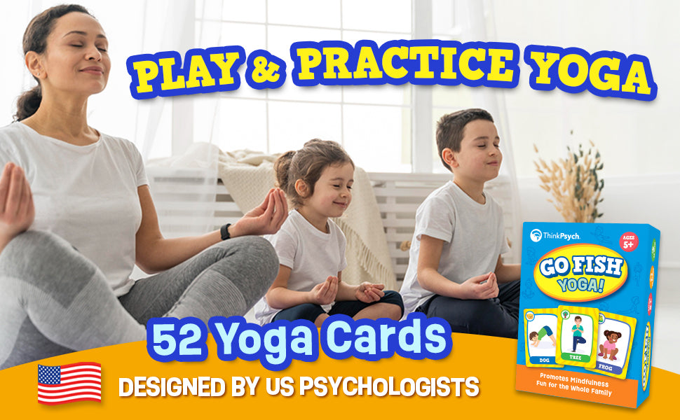 Family practicing yoga poses together next to the Go Fish Yoga card game box